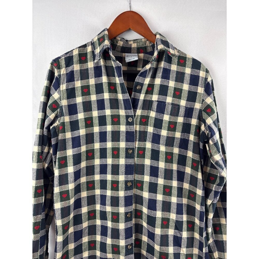 Cascade Blues Womens S Plaid Heart Button-Up Shirt 100% Cotton